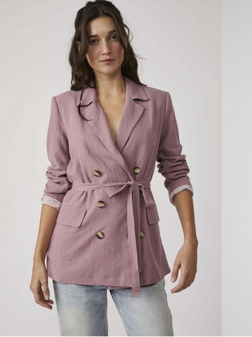Free People Olivia Rose Mauve Double-Breasted Linen Blend Tie-Waist Blazer